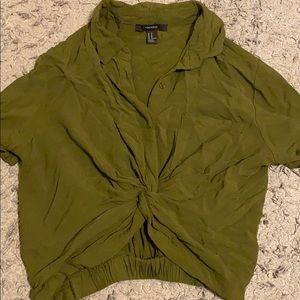 cinched waist army green half button up blouse